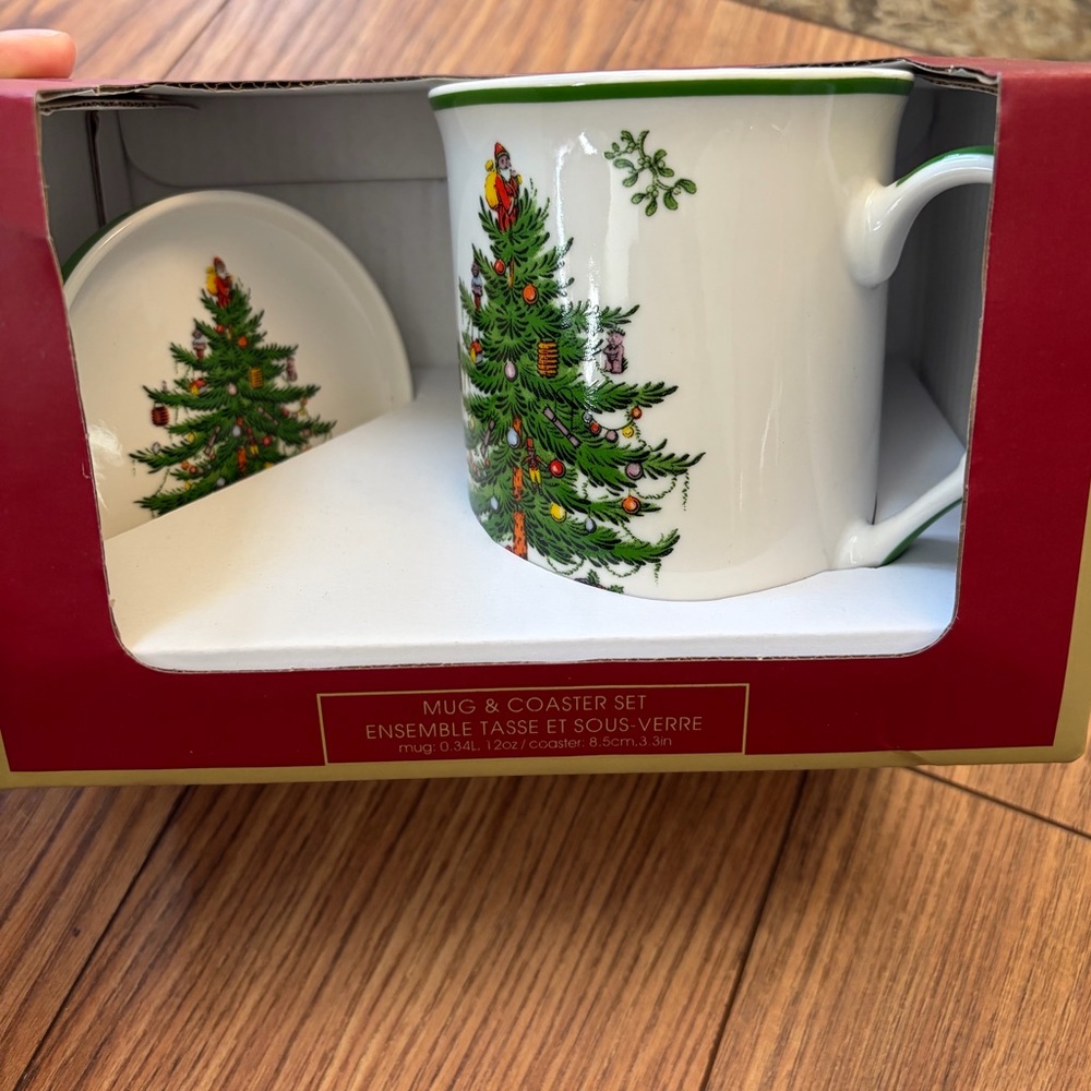 NEW Spode Christmas Tree Mug and Coaster Set